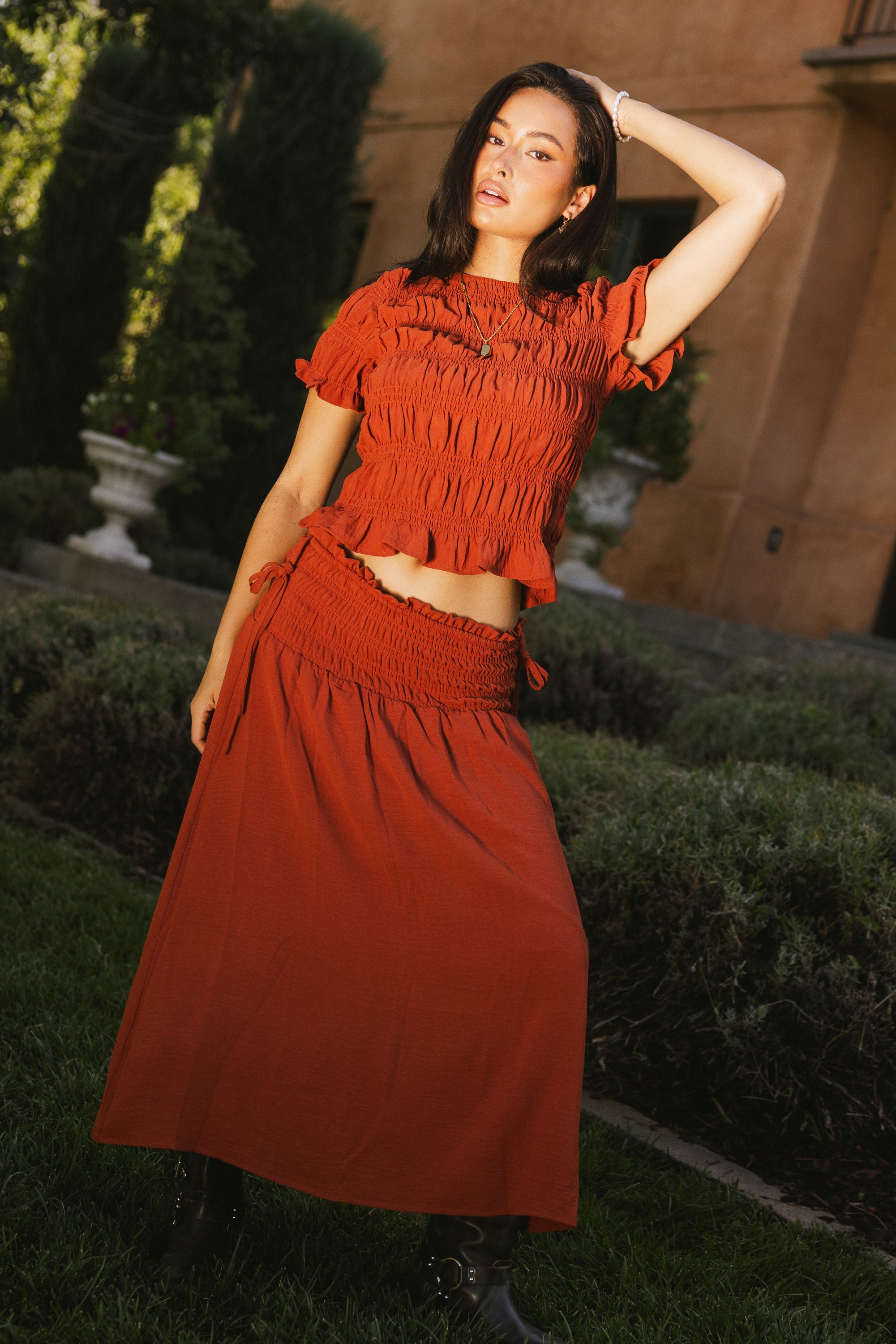 Micah Smocked Maxi Skirt in Rust