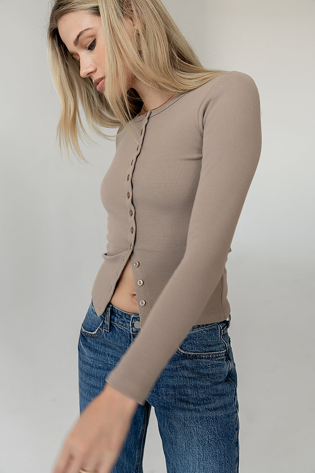 Mia Button Up Top in Taupe