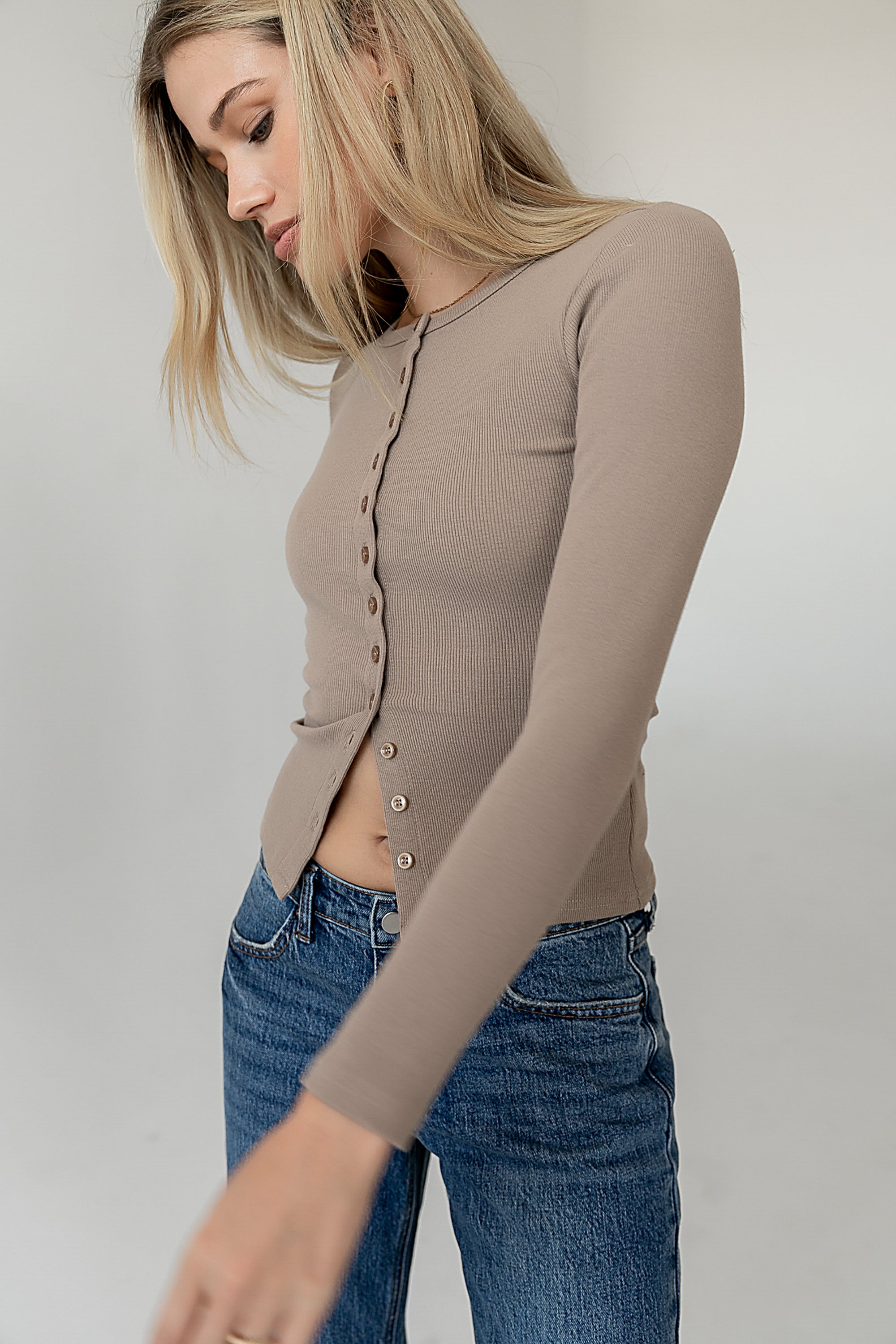 Mia Button Up Top in Taupe