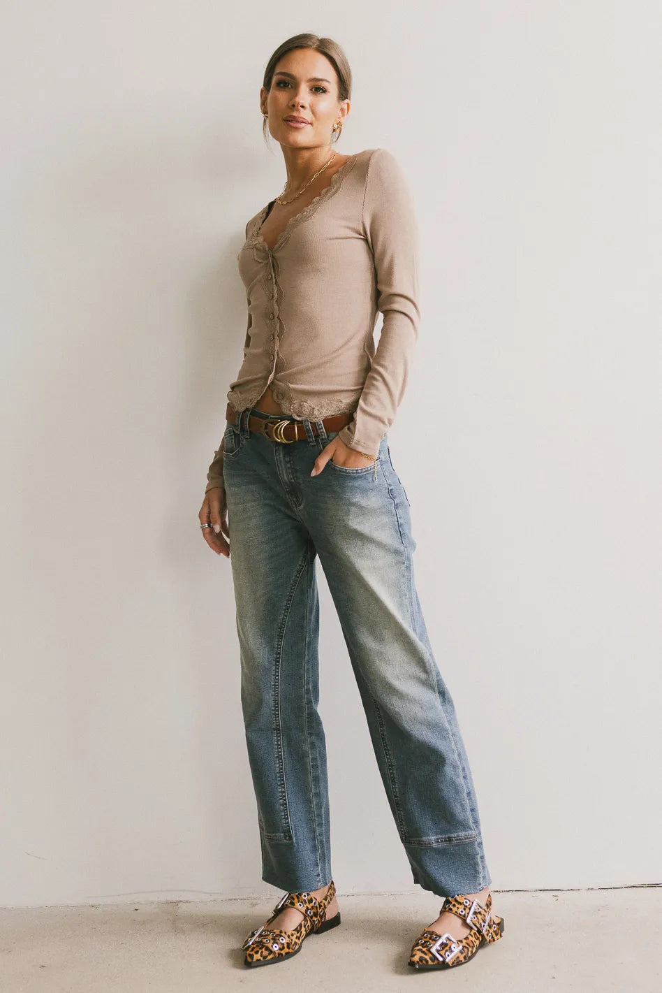 Logan Lace Trim Top in Taupe
