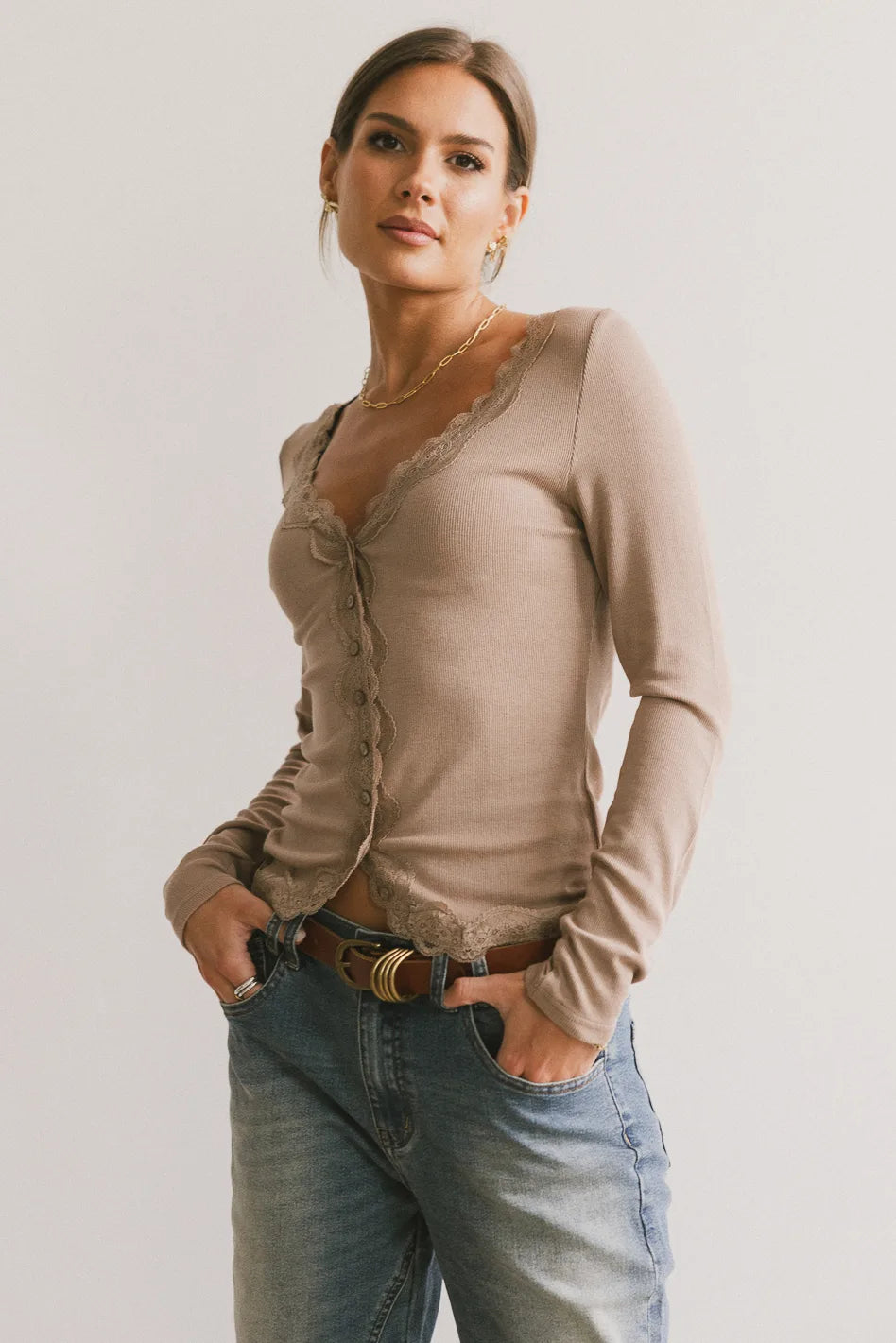 Logan Lace Trim Top in Taupe